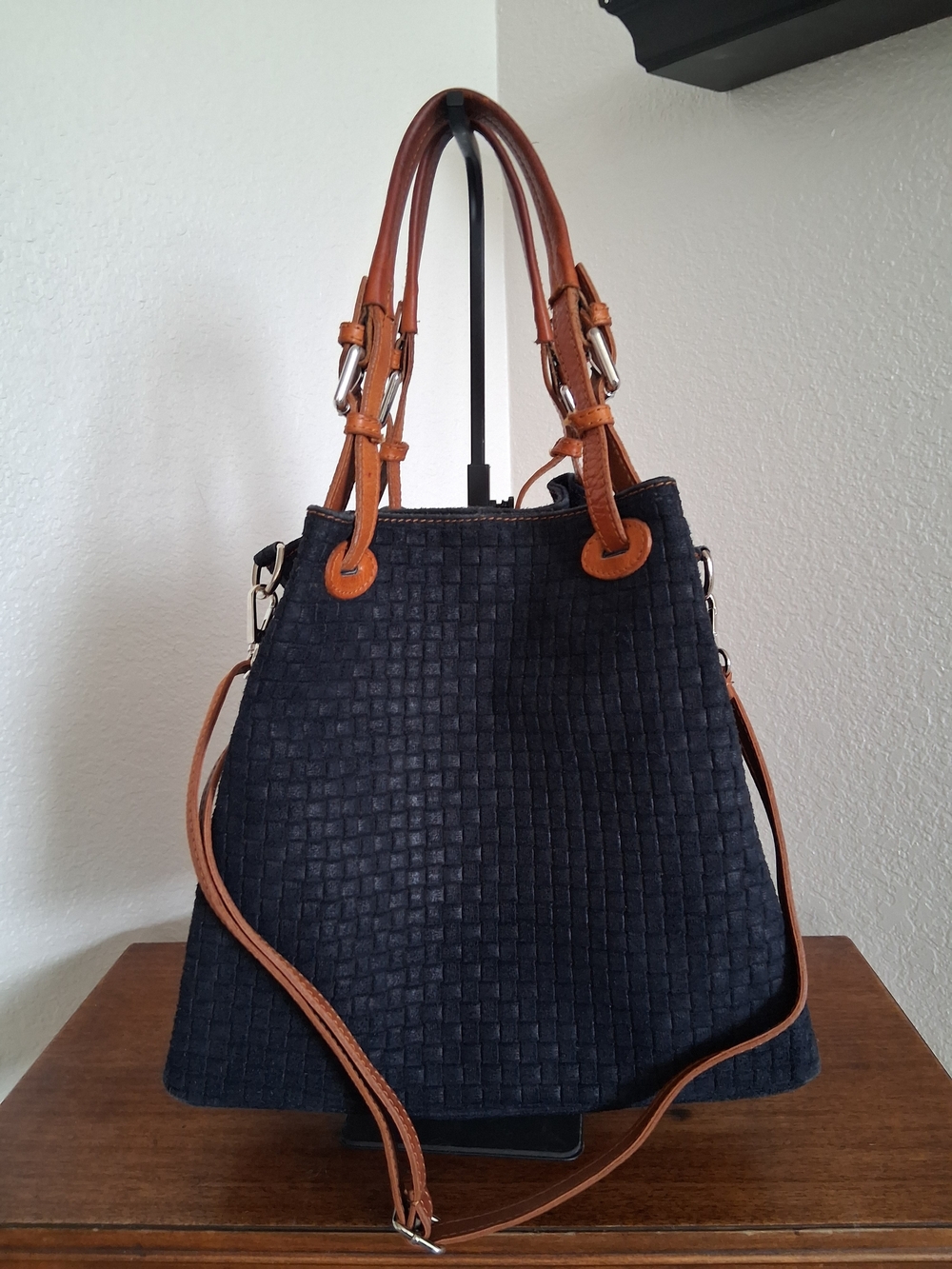 Itaian Suede Women's Woven Black Tote with Tan Leather Handles - Picture 2 of 4